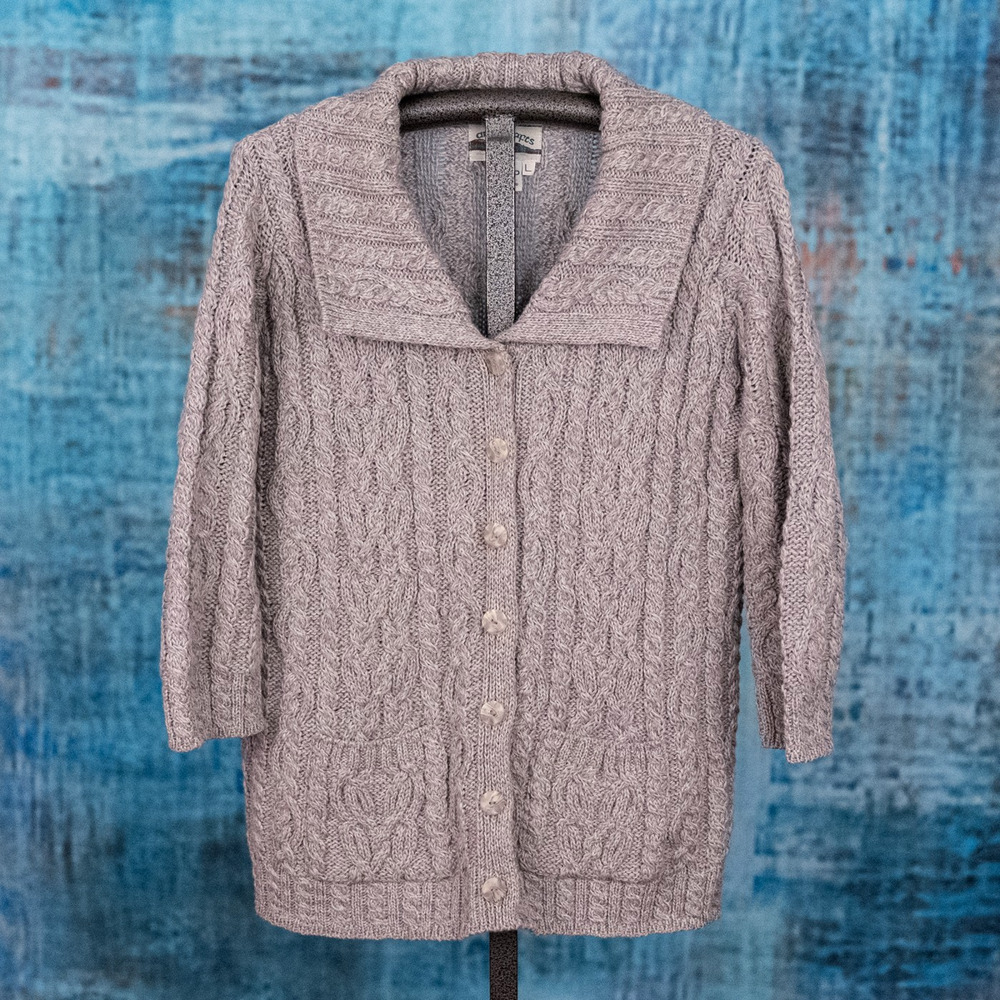 Aran Crafts 100% Merino Wool Cable Knit Cardigan Sweater LARGE Made in Ireland